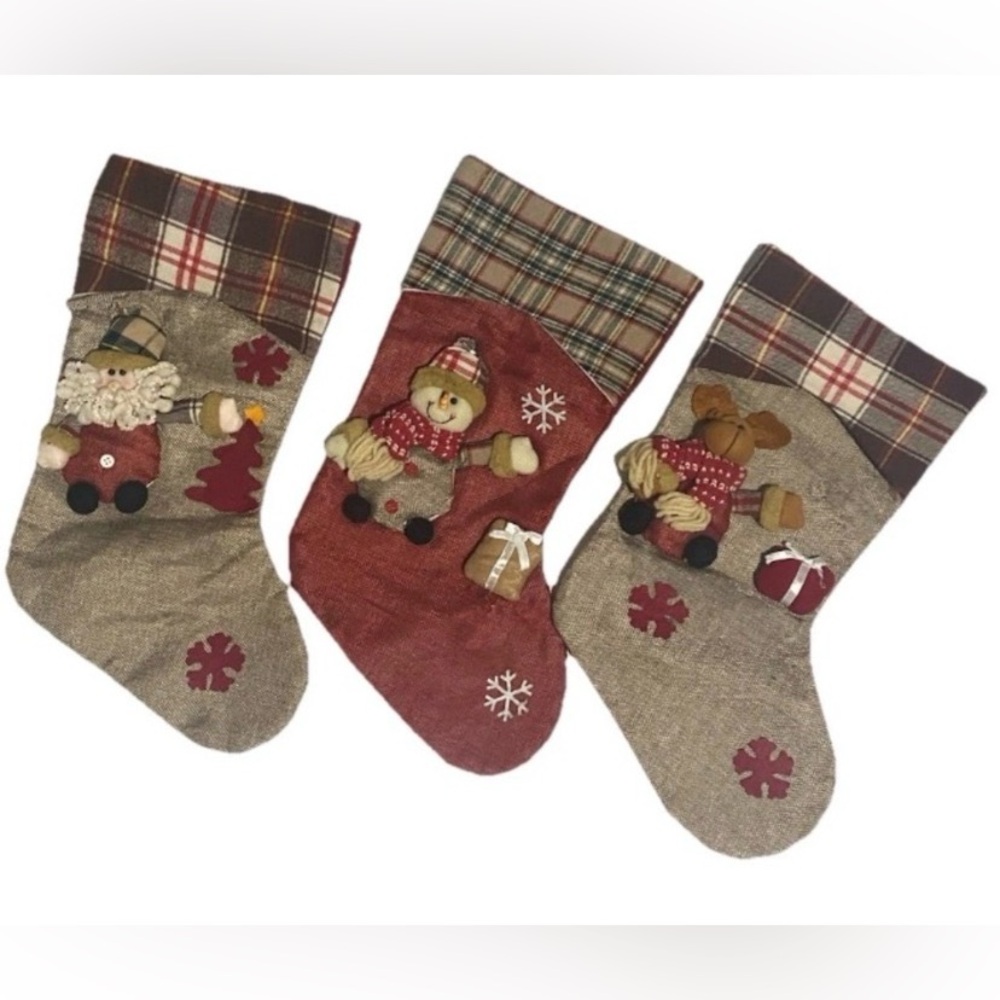 Christmas Snowman, Reindeer, & Santa Tan/Red/Black/Green Plaid Stocking Bundle